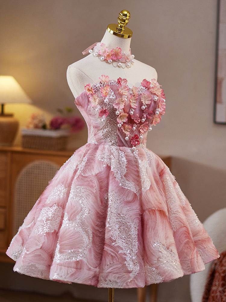 A-Line Straight Neckline Knee-Length Pink Tulle & Lace Floral Homecoming Dress