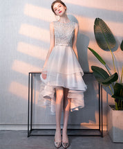 A-line Round Neck High-Low Tulle & Lace Dress with Beaded Bodice Homecoming Dress