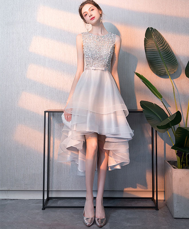 A-line Round Neck High-Low Tulle & Lace Dress with Beaded Bodice Homecoming Dress