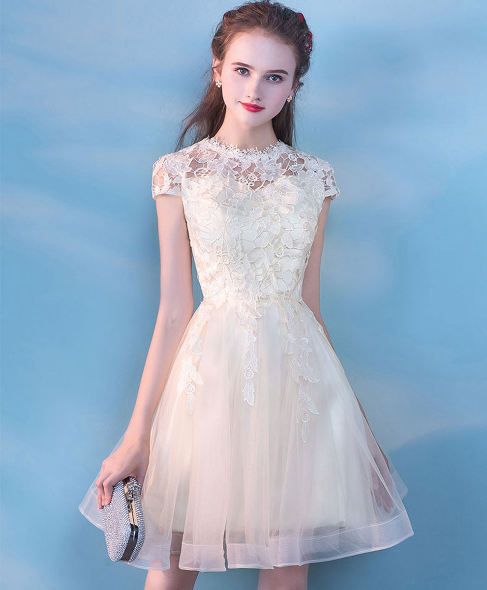 A-Line Illusion Neck Knee-Length Ivory Tulle Lace Homecoming Dress with Floral Appliqué