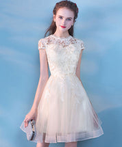 A-Line Illusion Neck Knee-Length Ivory Tulle Lace Homecoming Dress with Floral Appliqué