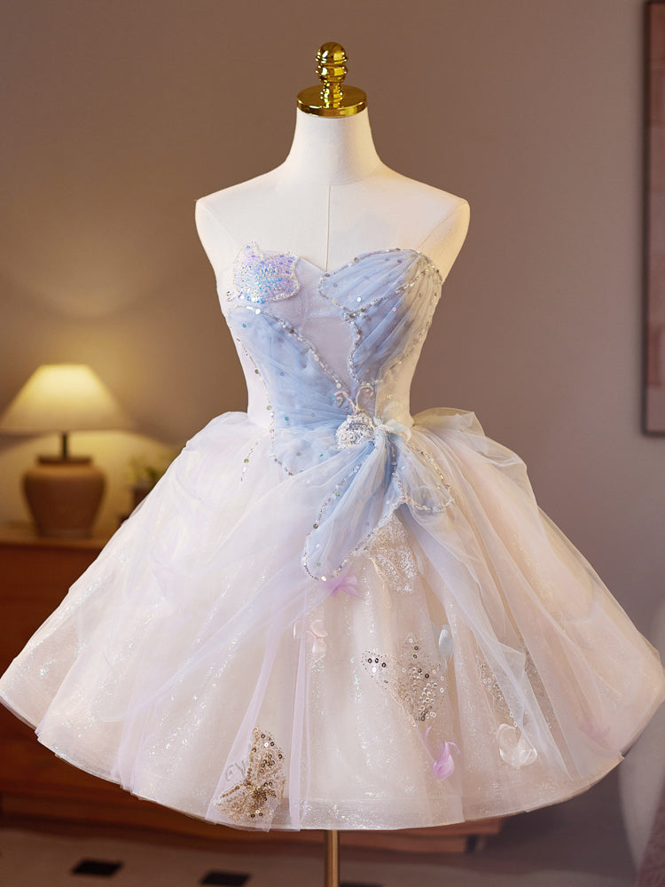 Strapless Light Blue Tulle Homecoming Dress with Beaded Bow Detail