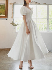 A-Line Sweetheart Tea-Length Ivory Satin Prom Dress with Short Puff Sleeves