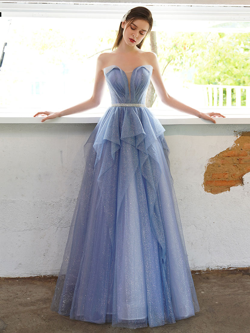 A-Line Sweetheart Neck Floor-Length Blue Tulle Layered Prom Dress with Glitter Finish