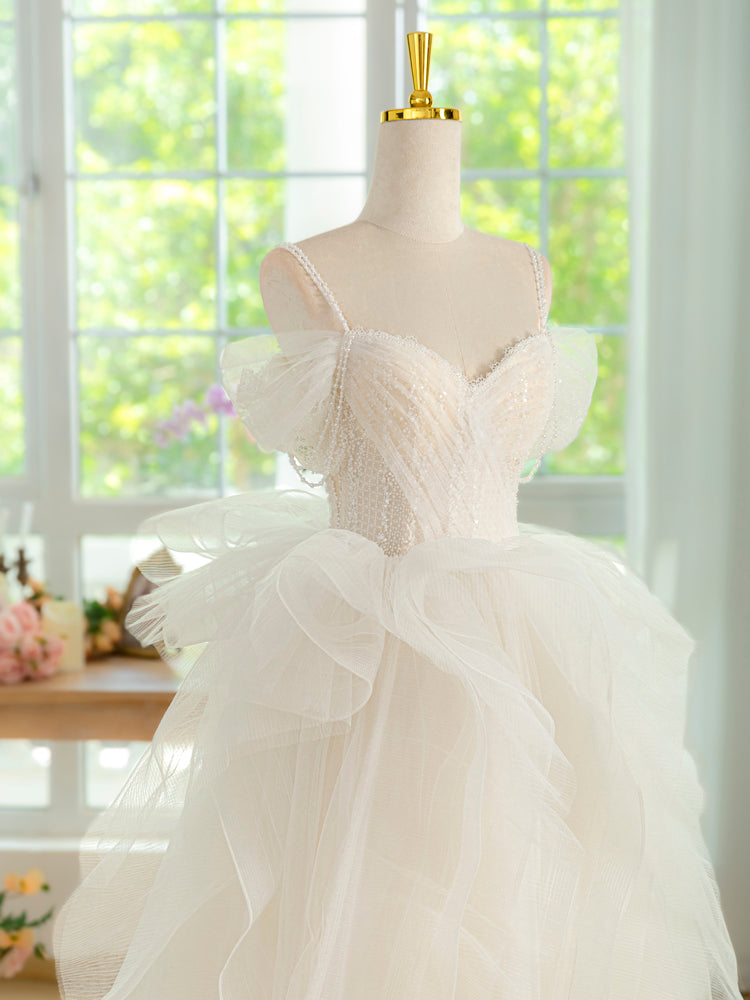 Princess Ivory Sweetheart Neck Floor-Length Tulle Prom Dress with Layered Ruffles and Beaded Lace