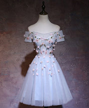 A-line Off-the-Shoulder Knee-Length Tulle Homecoming Dress with 3D Floral Appliqué