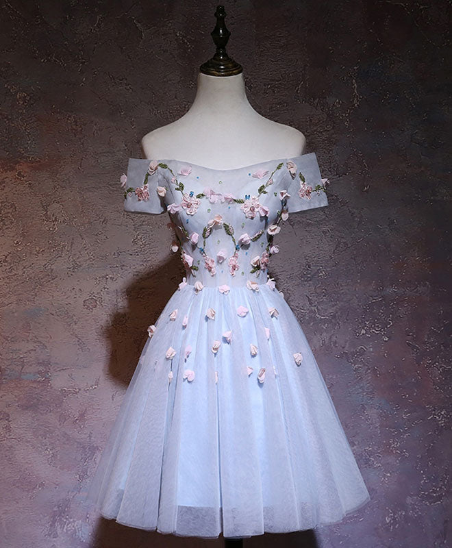 A-line Off-the-Shoulder Knee-Length Tulle Homecoming Dress with 3D Floral Appliqué