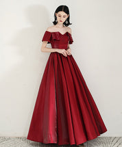 A-Line Sweetheart Floor-Length Burgundy Satin Prom Dress with Off-the-Shoulder Ruffle Sleeves