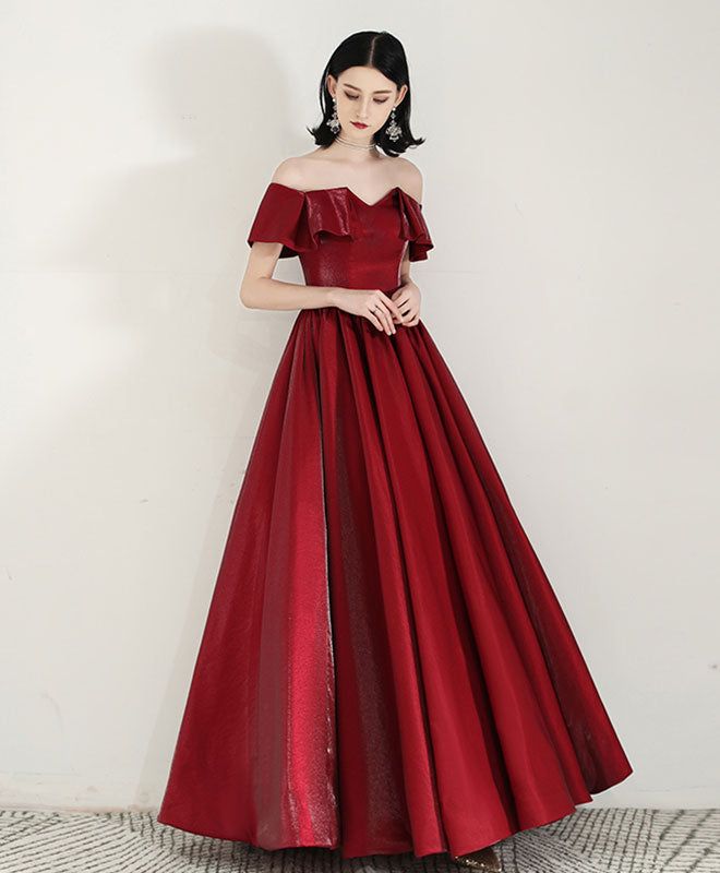 A-Line Sweetheart Floor-Length Burgundy Satin Prom Dress with Off-the-Shoulder Ruffle Sleeves