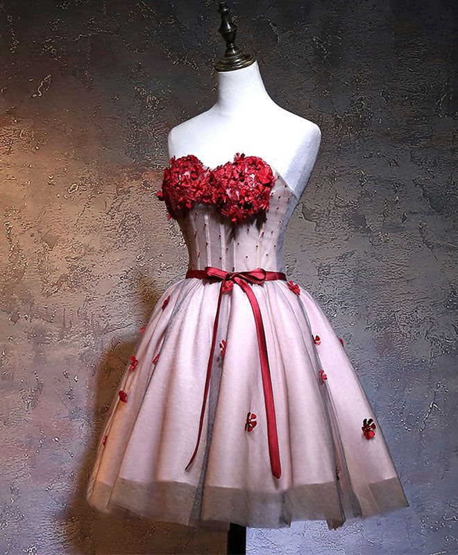 A-line Sweetheart Strapless Short Tulle Homecoming Dress with 3D Floral Appliqué