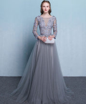 A-Line Illusion V-Neck Floor-Length Tulle & Lace Long Sleeve Prom Dress