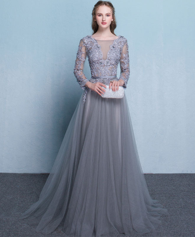 A-Line Illusion V-Neck Floor-Length Tulle & Lace Long Sleeve Prom Dress
