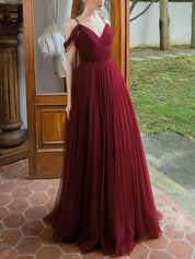A-Line V-Neck Floor-Length Burgundy Tulle Prom Dress with Draped Cold-Shoulder Straps