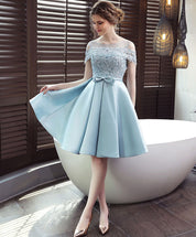 A-line Illusion Off-the-Shoulder Knee-Length Satin & Lace Dress with Bow Homecoming Dress