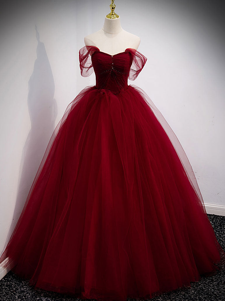 Ball Gown Sweetheart Floor-Length Burgundy Tulle Lace Sequin Prom Dress with Off-the-Shoulder Sleeves