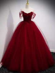 Ball Gown Sweetheart Floor-Length Burgundy Tulle Lace Sequin Prom Dress with Off-the-Shoulder Sleeves