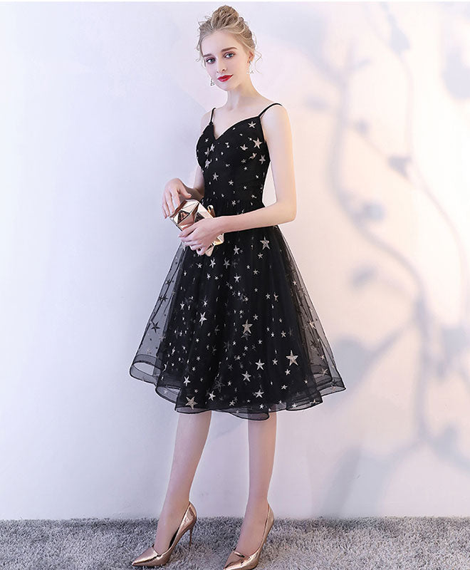 A-Line Sweetheart Neck Knee-Length Black Tulle Star Embroidered Homecoming Dress