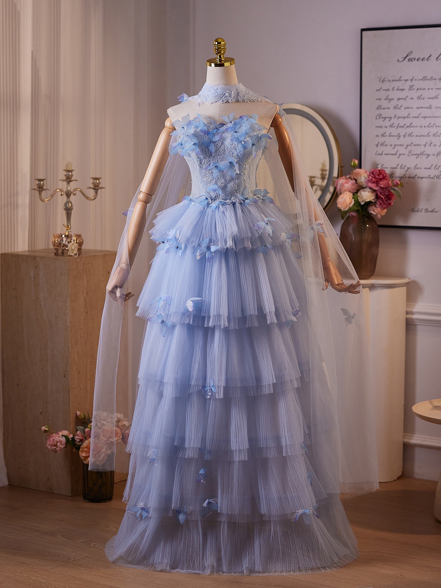 A-Line Tulle Flower Blue Long Prom Dress with Lace-Up Back