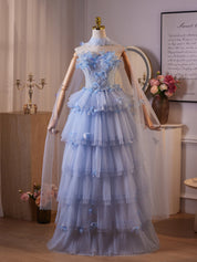 A-Line Tulle Flower Blue Long Prom Dress with Lace-Up Back