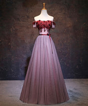 A-line Off-the-Shoulder Floor-Length Tulle & Lace Prom Dress with 3D Floral Appliqué