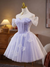 A-Line Sweetheart Neck Tulle Lace Short Purple Prom Dress, Purple Homecoming Dress