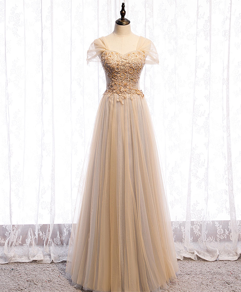 A-Line Champagne Sweetheart Floor-Length Tulle Lace Prom Dress with Beaded Bodice