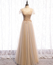 A-Line Champagne Sweetheart Floor-Length Tulle Lace Prom Dress with Beaded Bodice