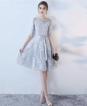 A-Line Illusion Neck Knee-Length Light Gray Tulle Lace Homecoming Dress with Floral Appliqué