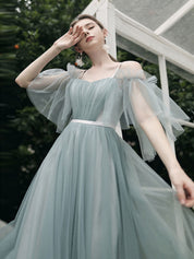 A-Line Dusty Blue One-Shoulder Floor-Length Tulle Prom Dress with Draped Bodice