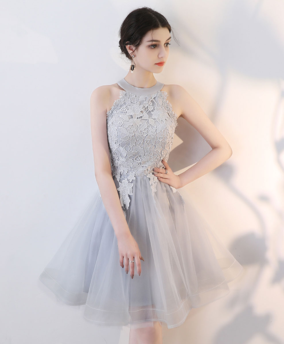 A-Line High Neck Knee-Length Gray Tulle and Lace Homecoming Dress with Floral Lace Bodice