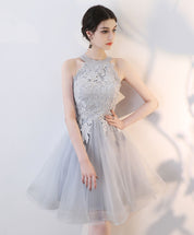 A-Line High Neck Knee-Length Gray Tulle and Lace Homecoming Dress with Floral Lace Bodice
