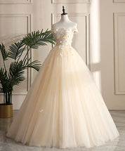 Ball Gown Champagne Off-the-Shoulder Floor-Length Tulle Floral Appliqué Prom Dress