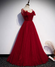 A-Line Burgundy Illusion Sweetheart Floor-Length Tulle Prom Dress with Ruffled Sleeves