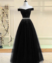 A-Line Off-the-Shoulder Floor-Length Tulle & Beaded Prom Dress with Crystal Waist