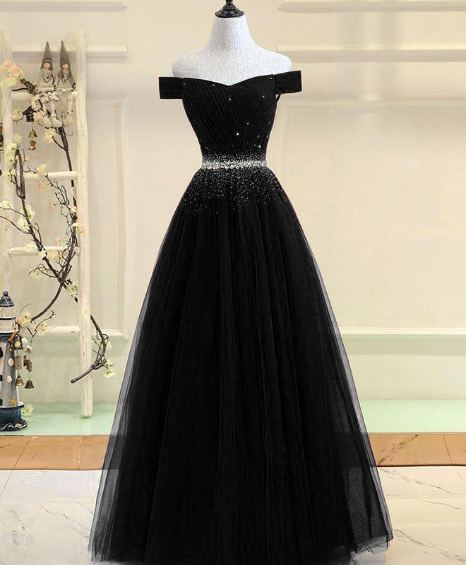 A-Line Off-the-Shoulder Floor-Length Tulle & Beaded Prom Dress with Crystal Waist
