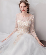 A-Line Ivory Illusion Neck Floor-Length Tulle Lace Prom Dress with Embroidered Bodice