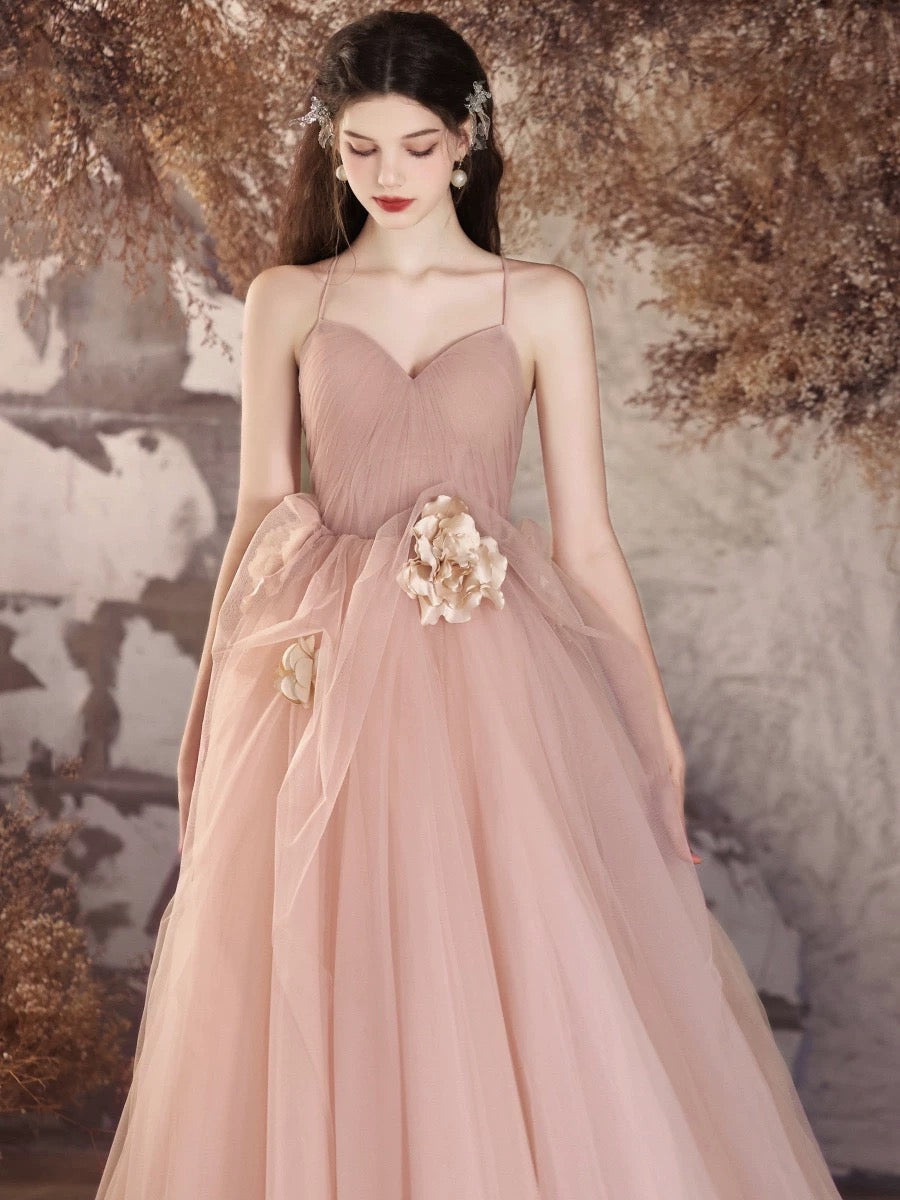 A-Line Blush Sweetheart Neck Floor-Length Tulle Prom Dress with Spaghetti Straps and Floral Waist Detail