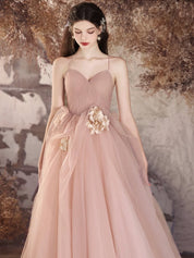 A-Line Blush Sweetheart Neck Floor-Length Tulle Prom Dress with Spaghetti Straps and Floral Waist Detail