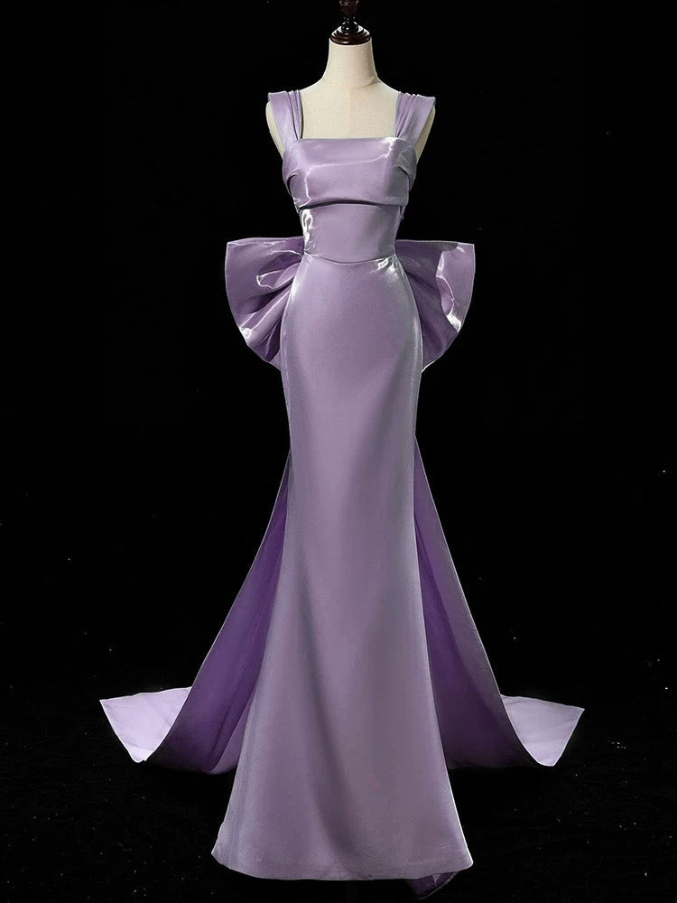 Sheath / Column Square Neck Floor-Length Satin Prom Dress with Sculptural Bow Detail