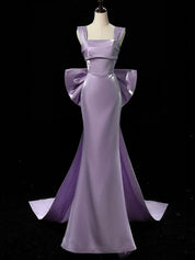 Sheath / Column Square Neck Floor-Length Satin Prom Dress with Sculptural Bow Detail