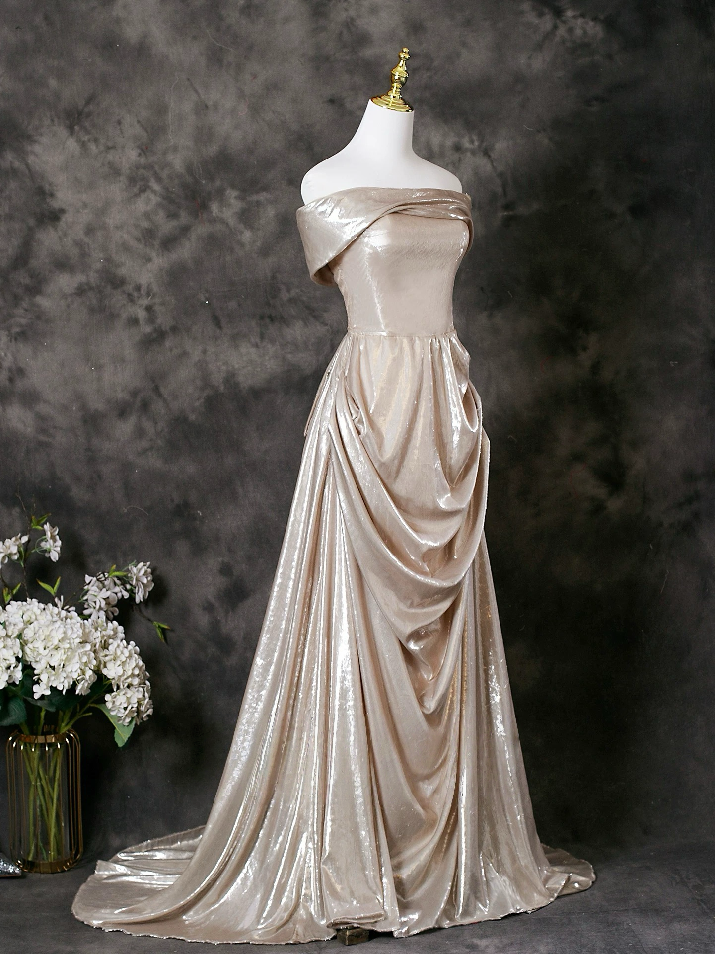 A-Line Off Shoulder Satin Champagne Long Prom Dress with Lace-Up Back