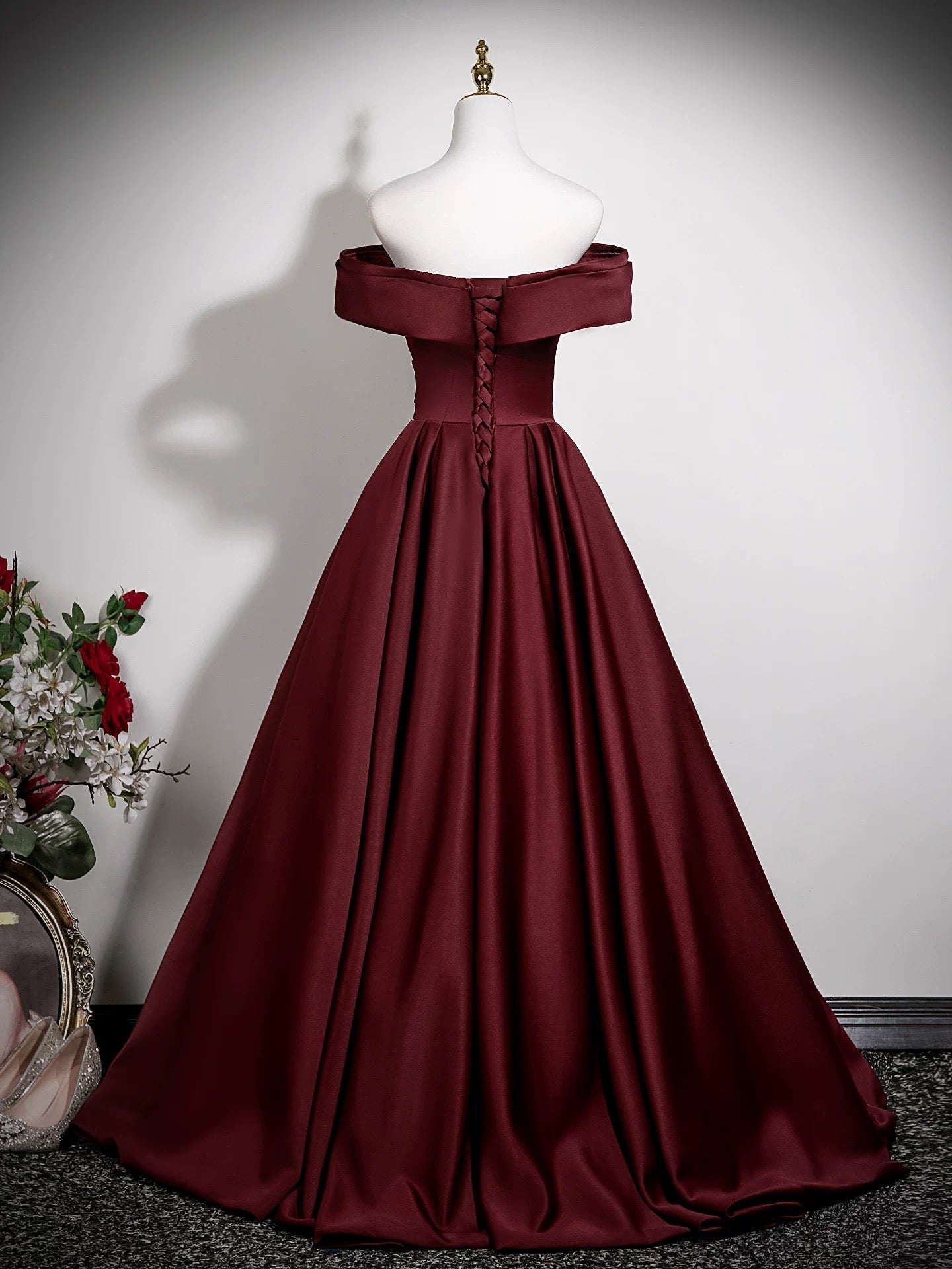 A-Line Off Shoulder Satin Burgundy Long Prom Dress, Burgundy Long Formal Dress