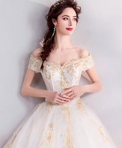 A-Line Off-the-Shoulder Sweetheart Floor-Length Ivory Tulle Gold Lace Appliqué Prom Dress