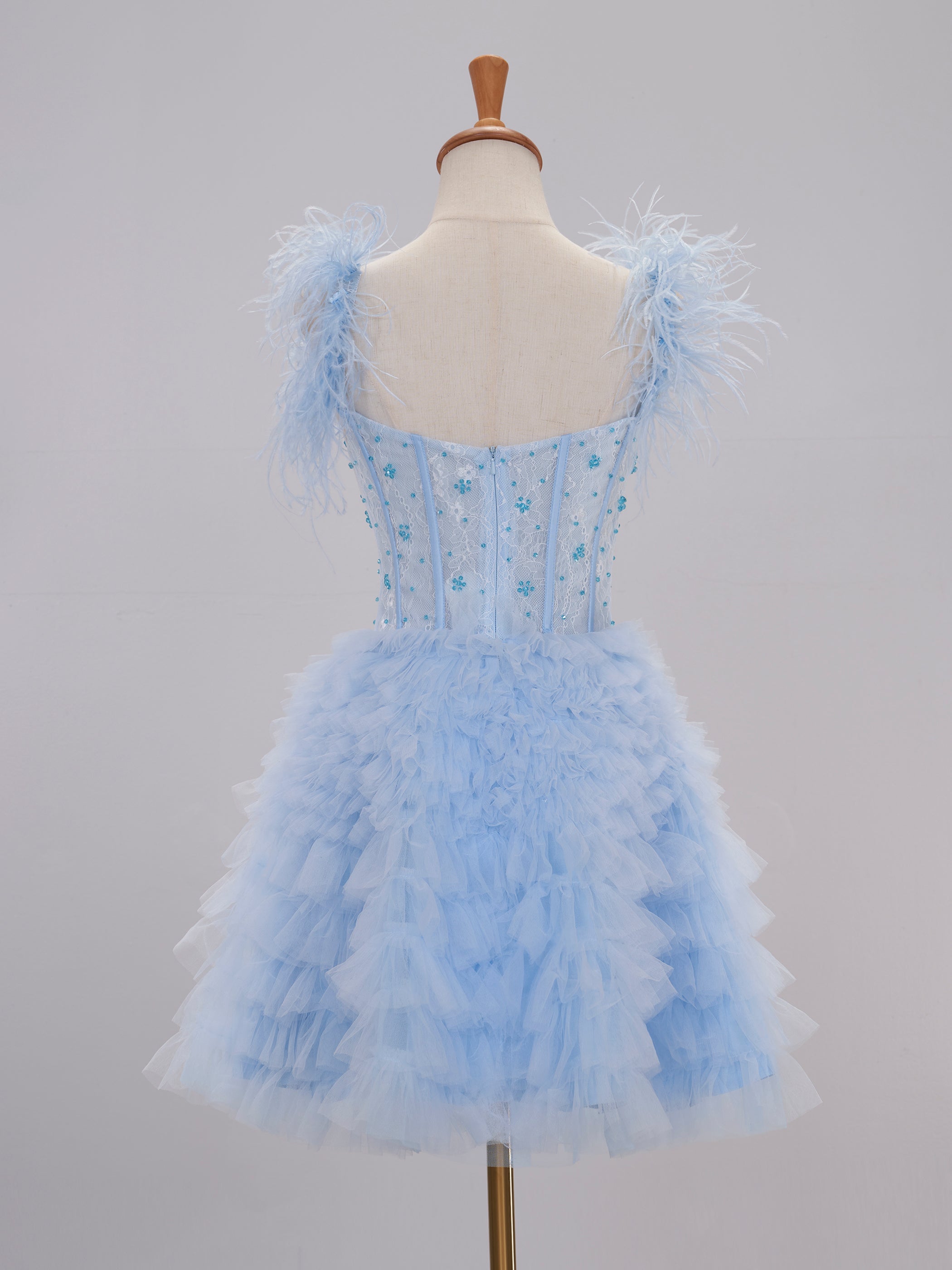 Olivia Light Blue Short Homecoming Dress with Feather