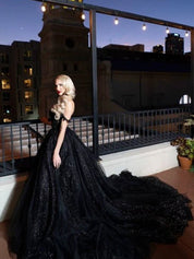 A - Line Black Gothic Wedding Dresses with Sequin Lace Appliques - KissProm