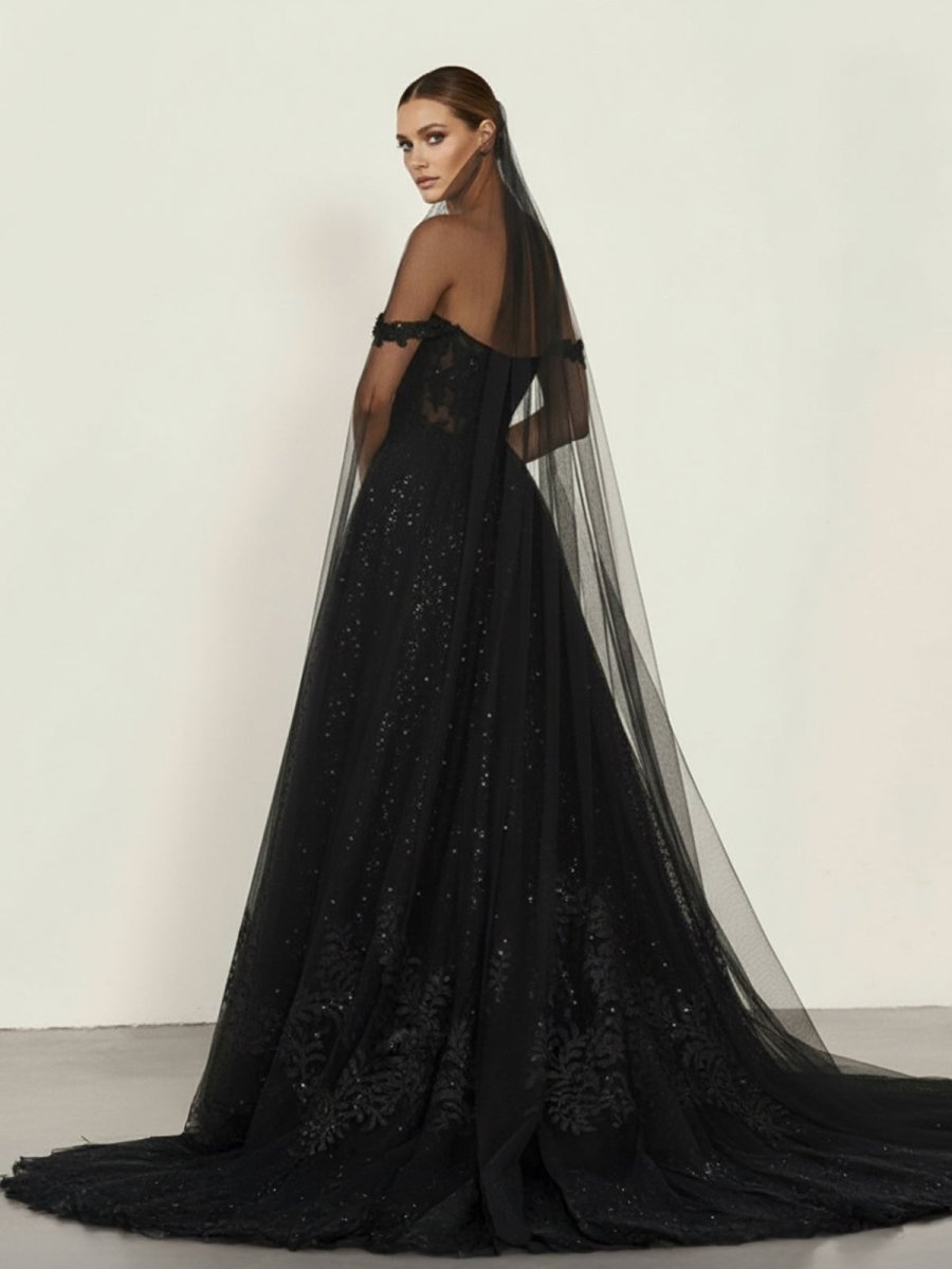 A - Line Black Gothic Wedding Dresses with Sequin Lace Appliques - KissProm