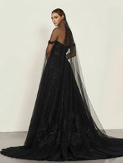 A - Line Black Gothic Wedding Dresses with Sequin Lace Appliques - KissProm