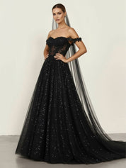 A - Line Black Gothic Wedding Dresses with Sequin Lace Appliques - KissProm