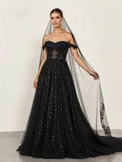 A - Line Black Gothic Wedding Dresses with Sequin Lace Appliques - KissProm