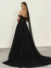A - Line Black Gothic Wedding Dresses with Sequin Lace Appliques - KissProm